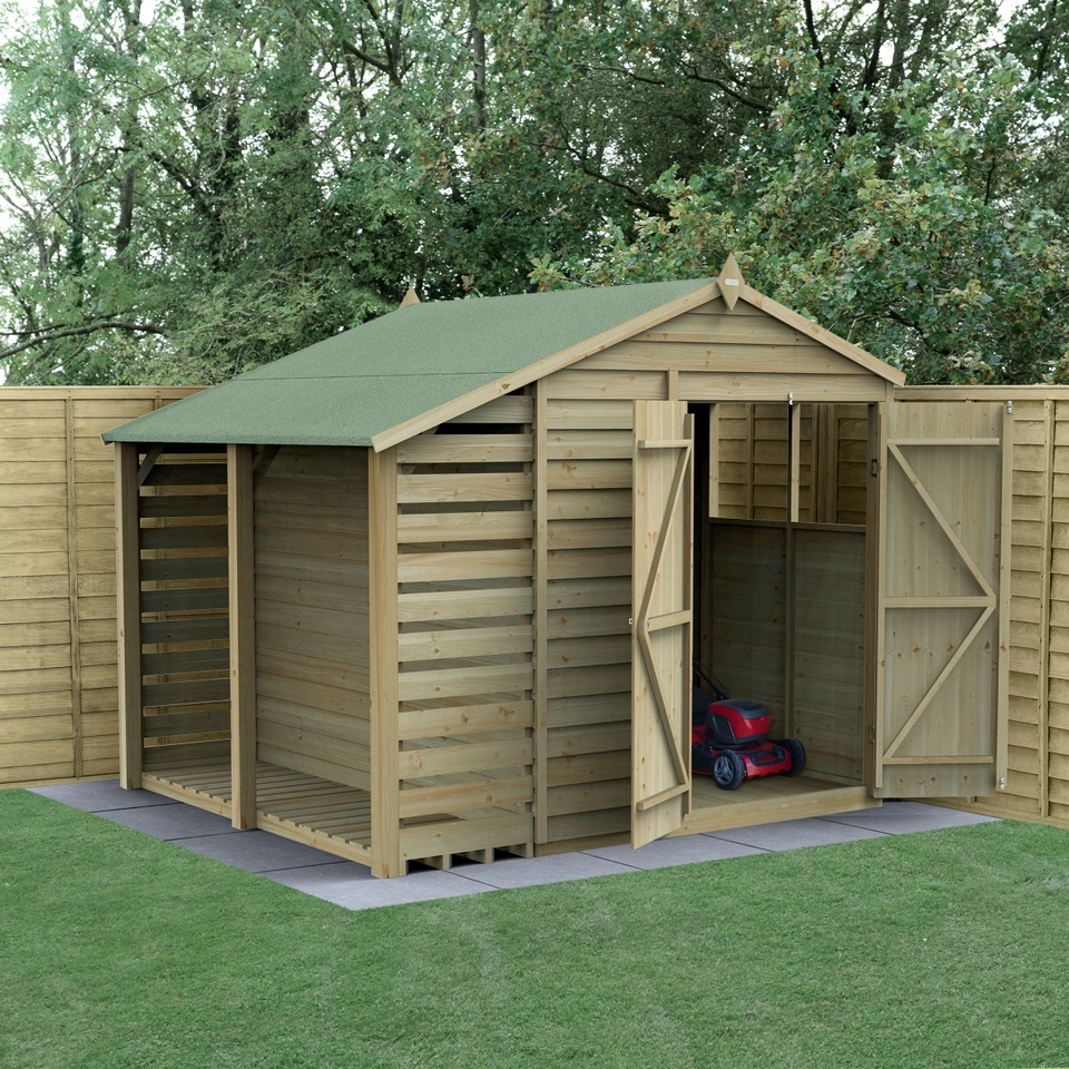 Forest Garden 4LIFE Apex Shed 6 x 8ft - Double Door 2 Windows With Lean-To (Home Delivery)
