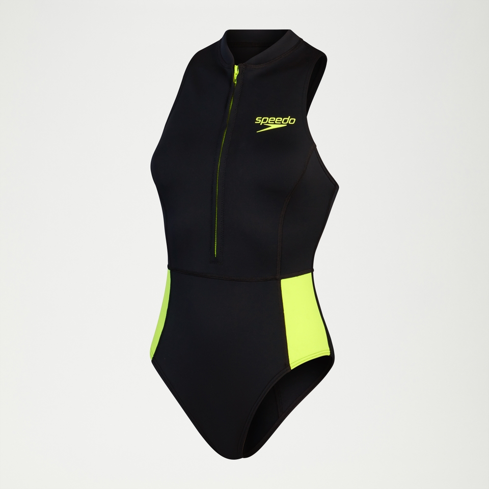 Ärmelloser Thermal-Badeanzug für Damen Schwarz/Gelb