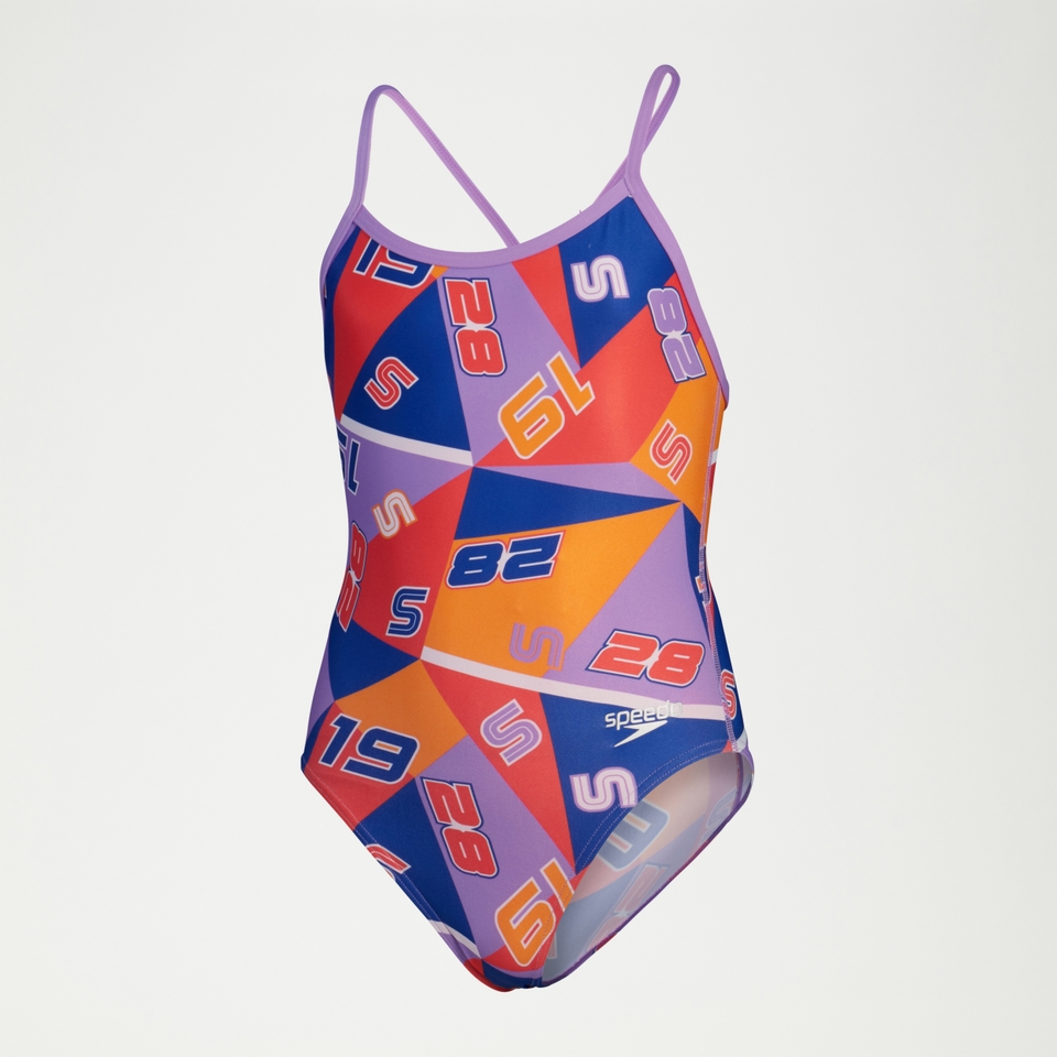 Girls Allover Digital Vback Swimsuit Red/Blue/Purple