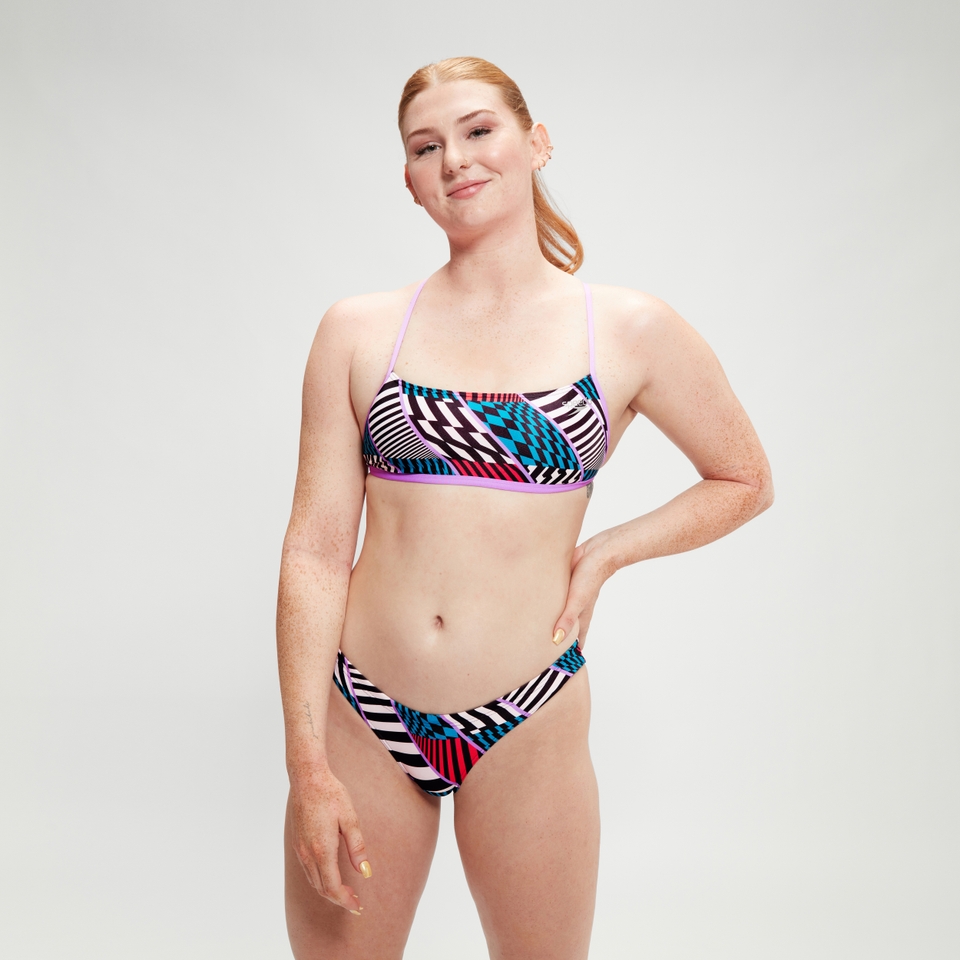 All-Over Digital-Bikinioberteil mit Kreuzrückenausschnitt für Damen Schwarz/Weiß/Rot