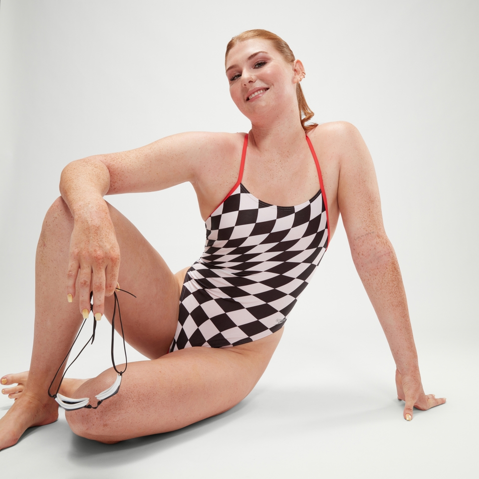 All-Over Digital-Badeanzug mit Binderücken für Damen Schwarz/Weiß