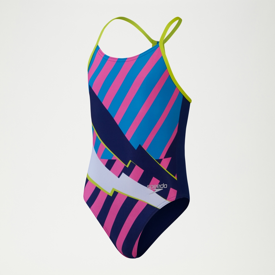 Girls Placement Lane Back Swimsuit Blue/Pink/Green