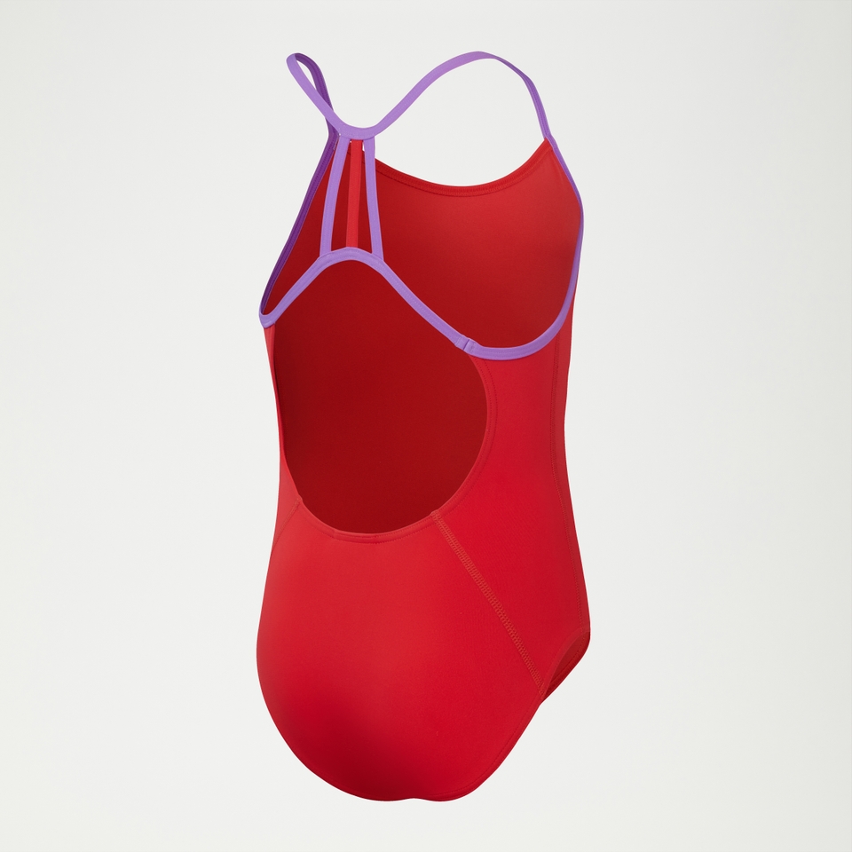 Girls Solid Lane Line Back Swimsuit Red