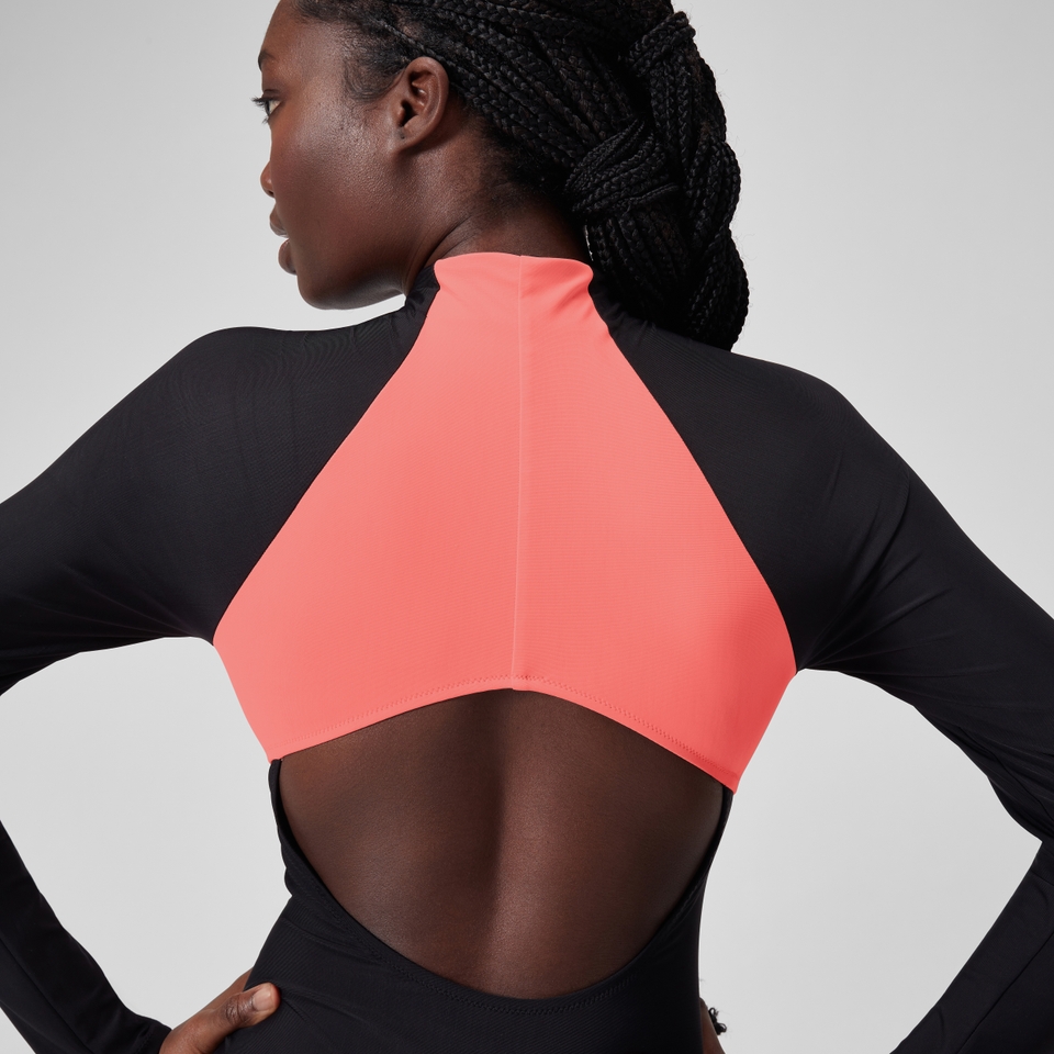 Women's Long Sleeve Colorblock Zip One Piece Black