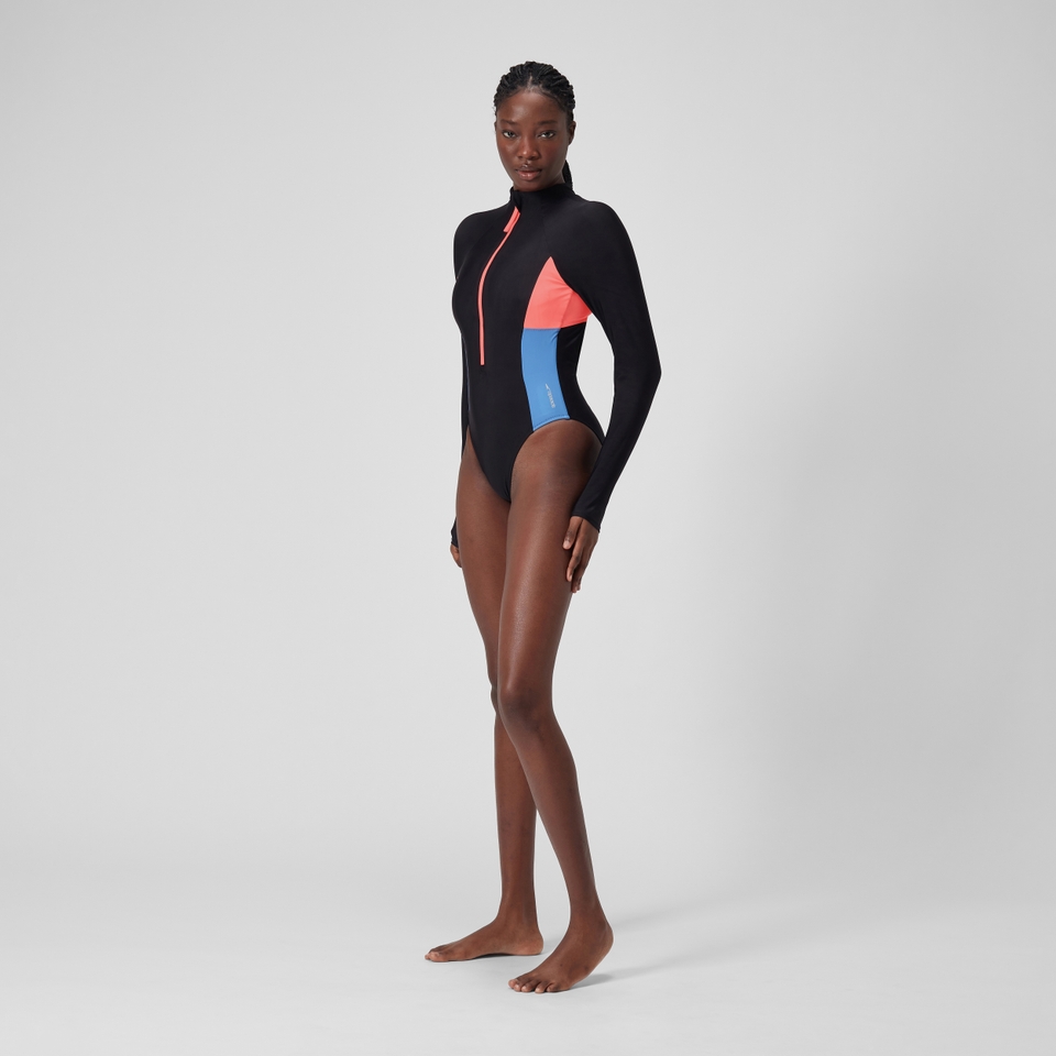 Women's Long Sleeve Colorblock Zip One Piece Black