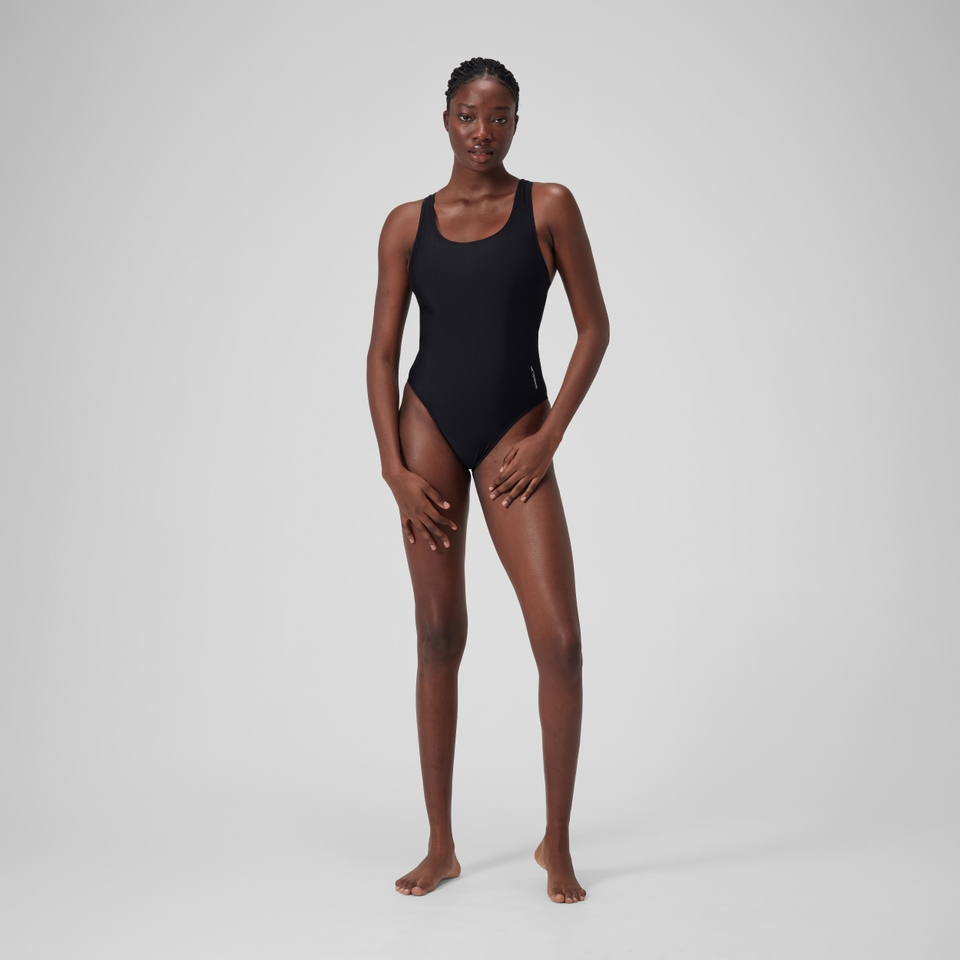 Women's Solid Scoop Mesh One Piece Black