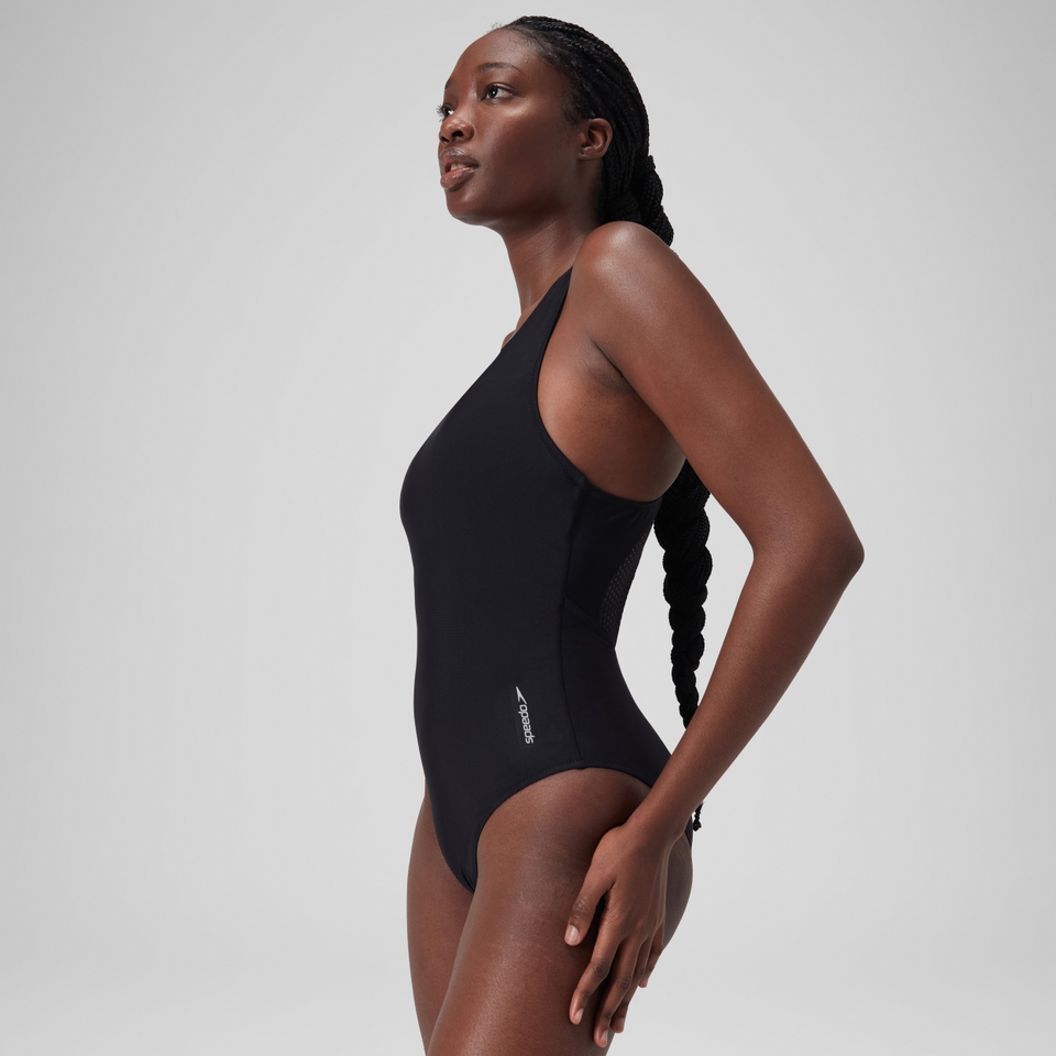 Women's Solid Scoop Mesh One Piece Black