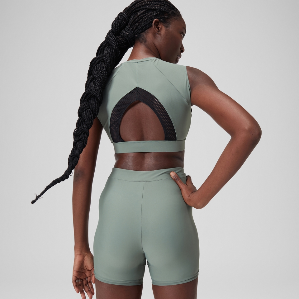 Einfarbiges Kurzarm-Crop-Top für Damen Grün