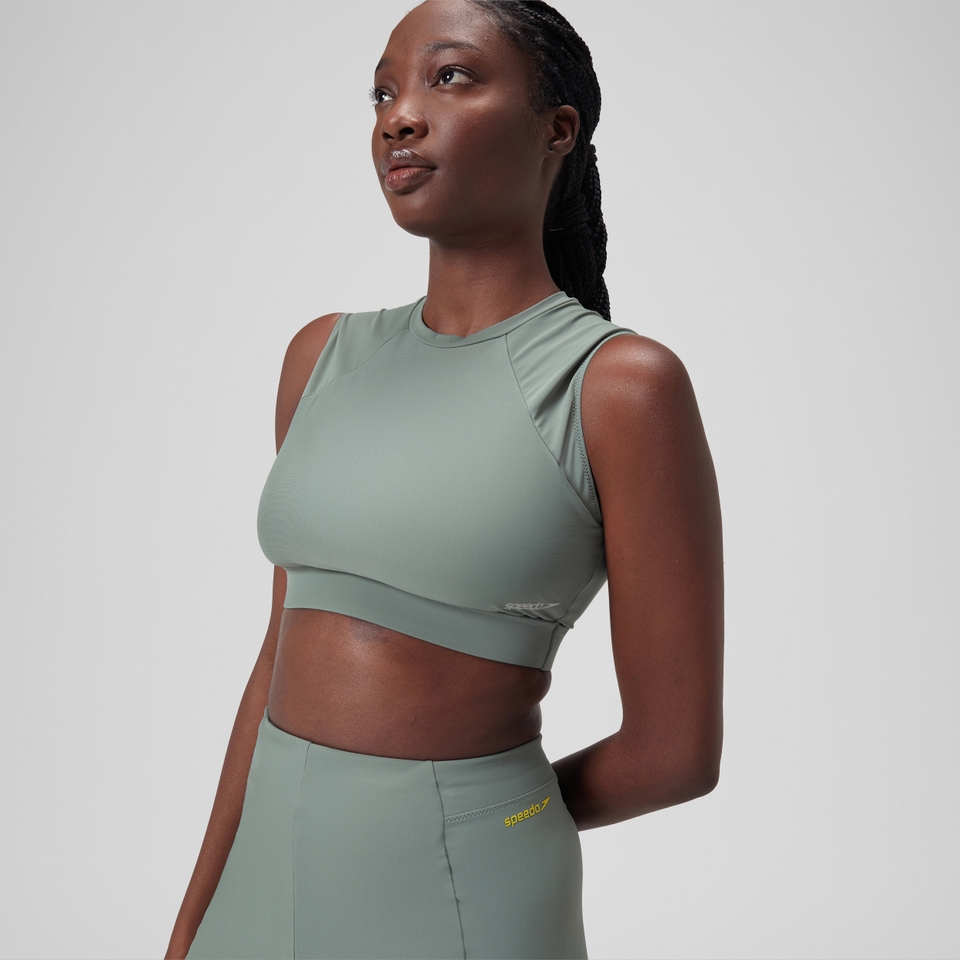 Einfarbiges Kurzarm-Crop-Top für Damen Grün