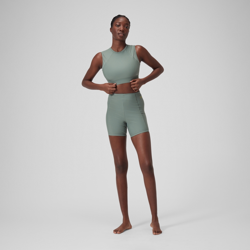 Einfarbiges Kurzarm-Crop-Top für Damen Grün