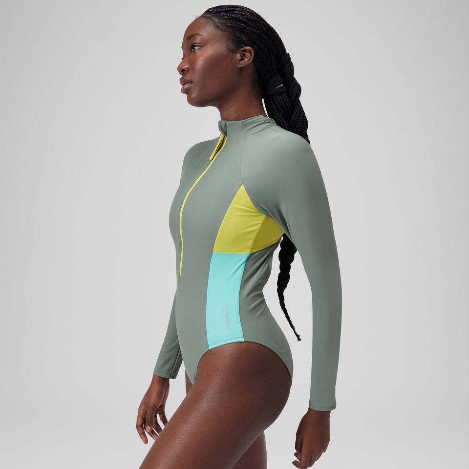 Women's Long Sleeve Zip Colourblock Swimsuit Green