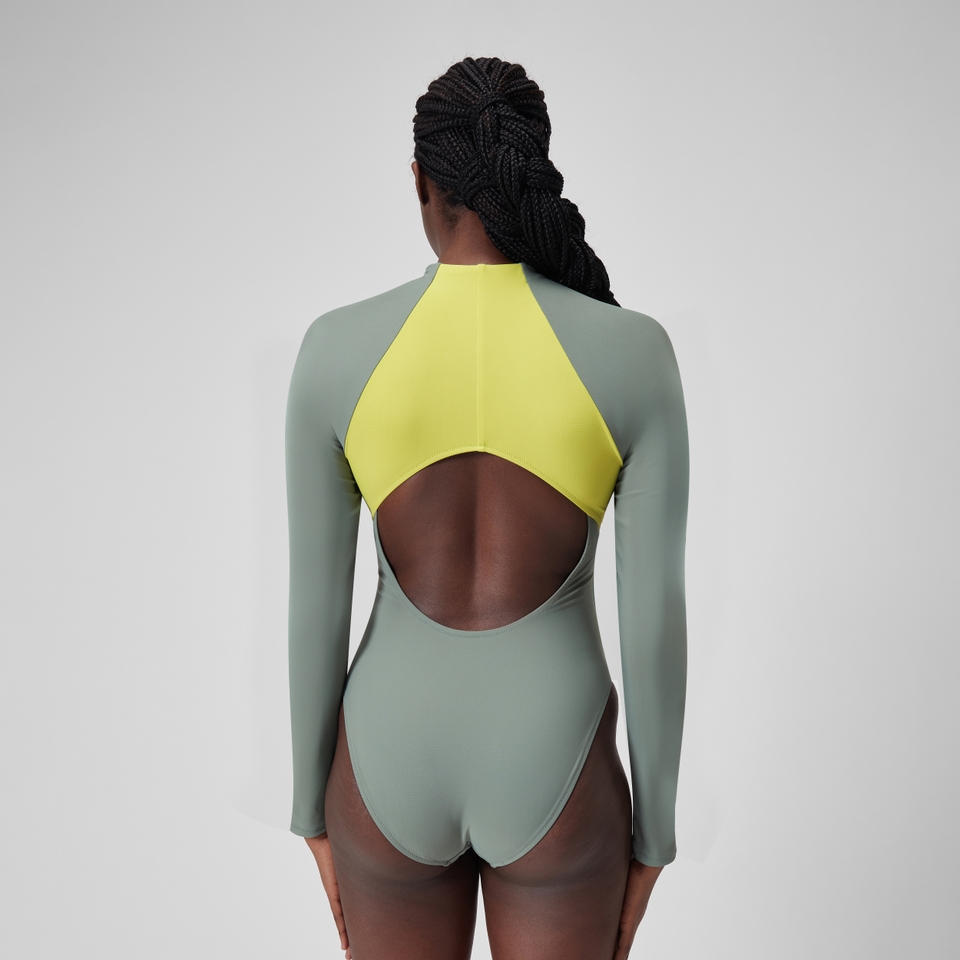 Women's Long Sleeve Colorblock Zip One Piece Green