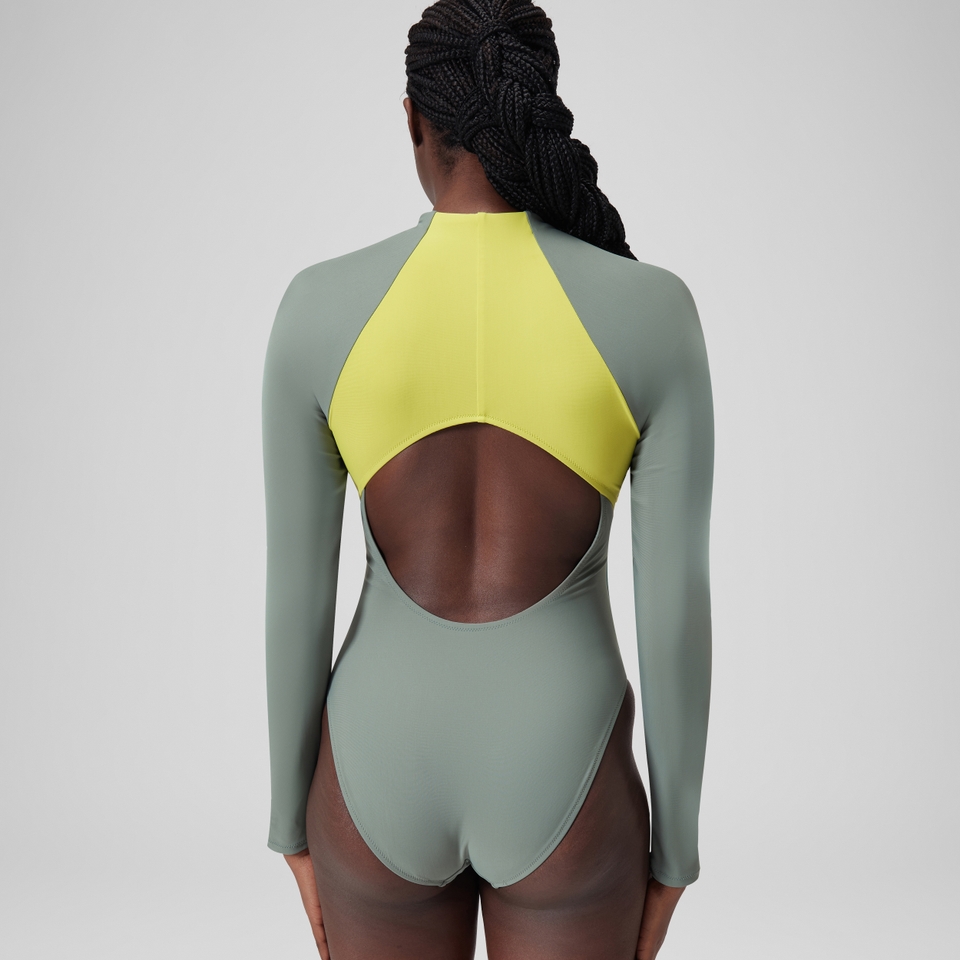 Maillot de bain zippé à manches longues Colorblock Femme vert