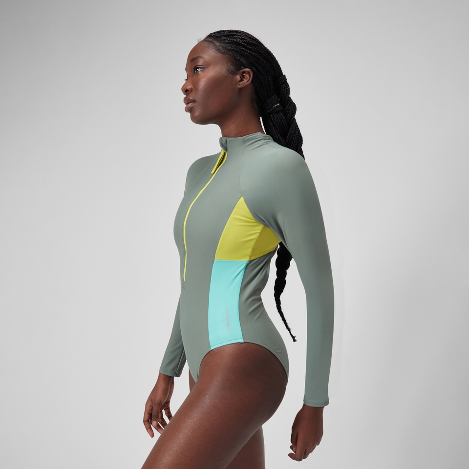 Women's Long Sleeve Colorblock Zip One Piece Green