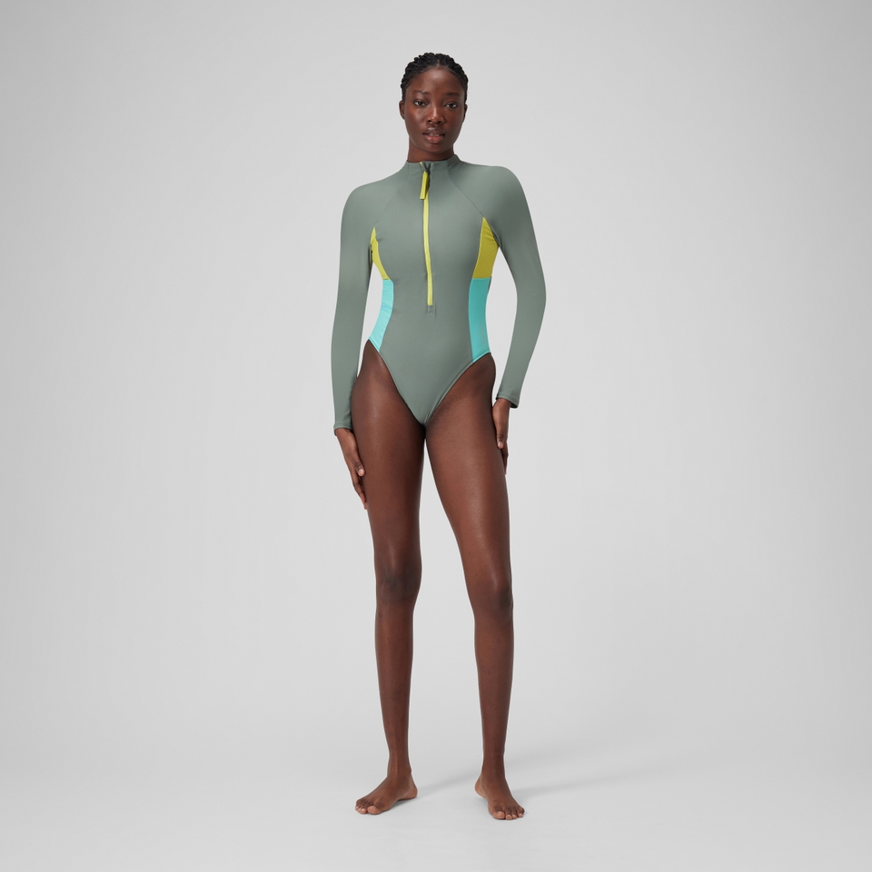 Women's Long Sleeve Colorblock Zip One Piece Green