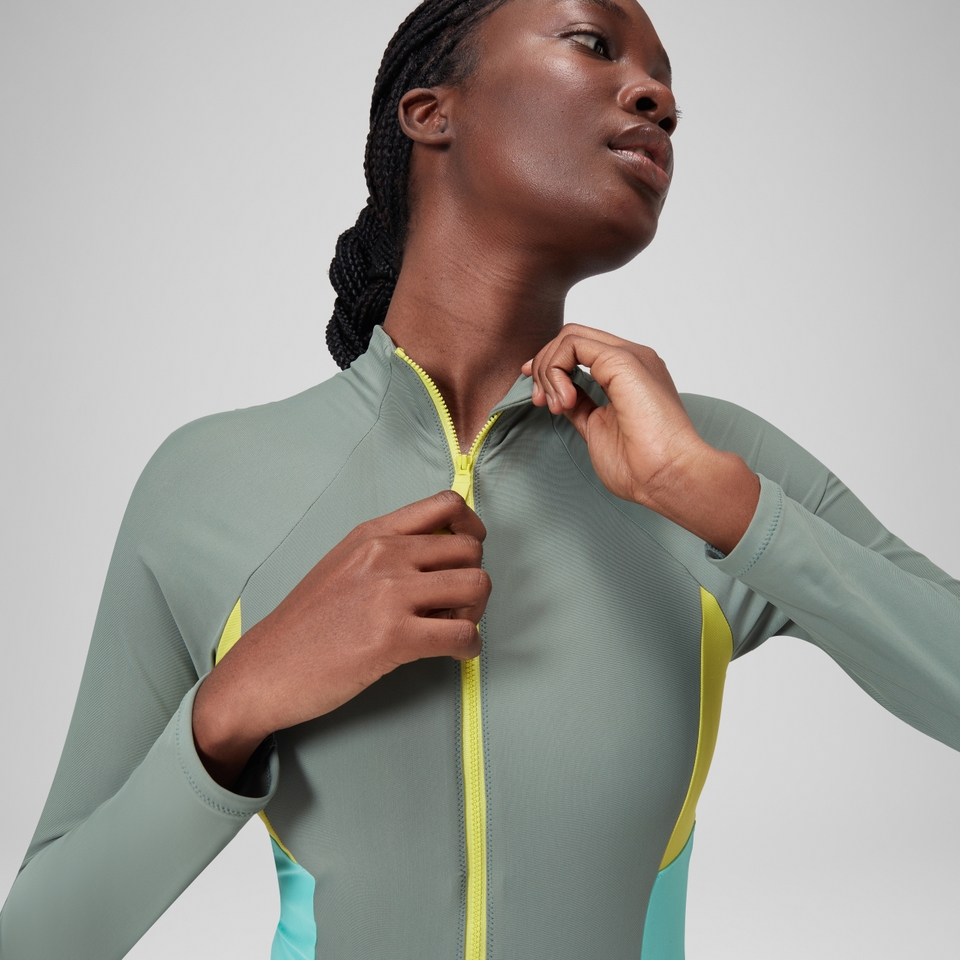 Women's Long Sleeve Zip Colourblock Swimsuit Green