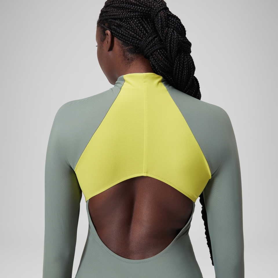 Women's Long Sleeve Zip Colourblock Swimsuit Green