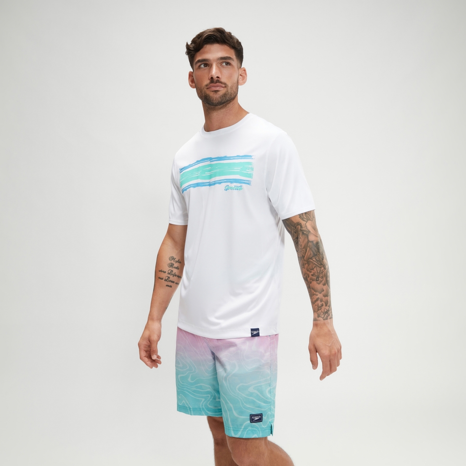 Men's Short Sleeve Graphic Swim Shirt White/Blue