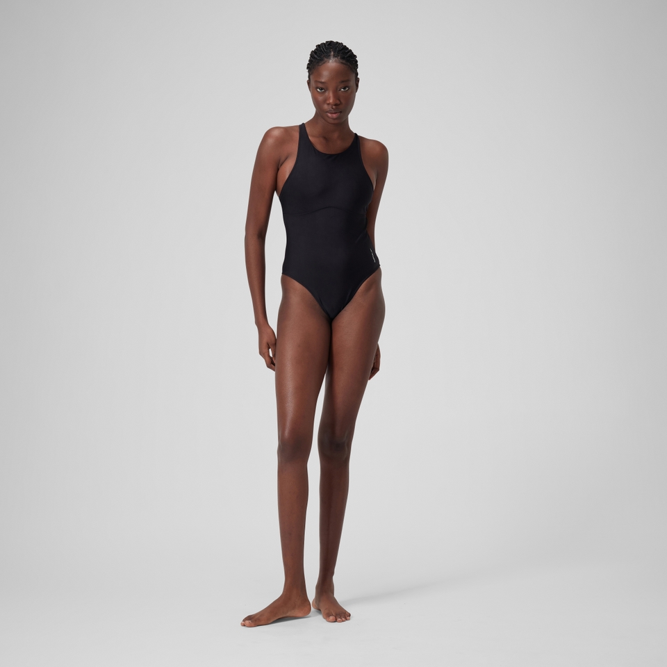Women's Solid Highneck Swimsuit Dark Grey