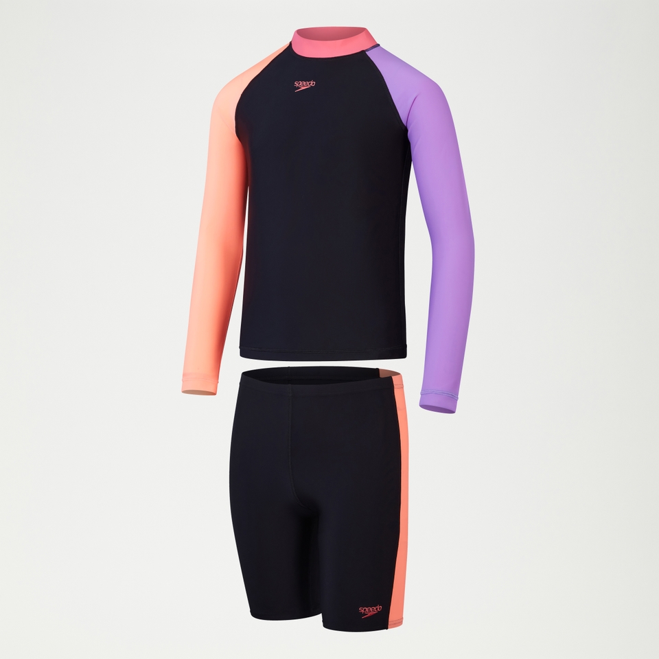 Ensemble Fille haut Rash et jammer Colorblock noir/corail