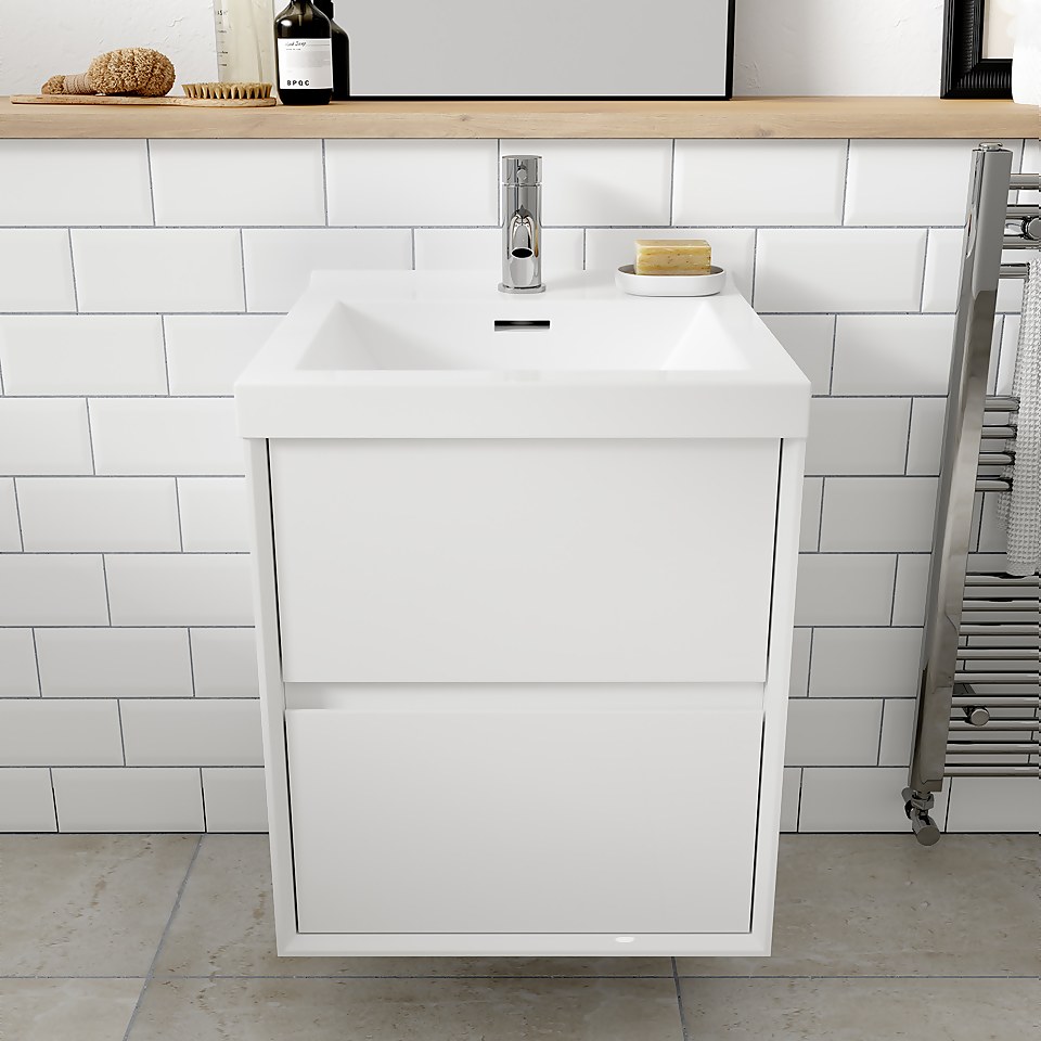 Madison 600mm Wall Hung 2 Drawer Vanity Unit and Basin - White