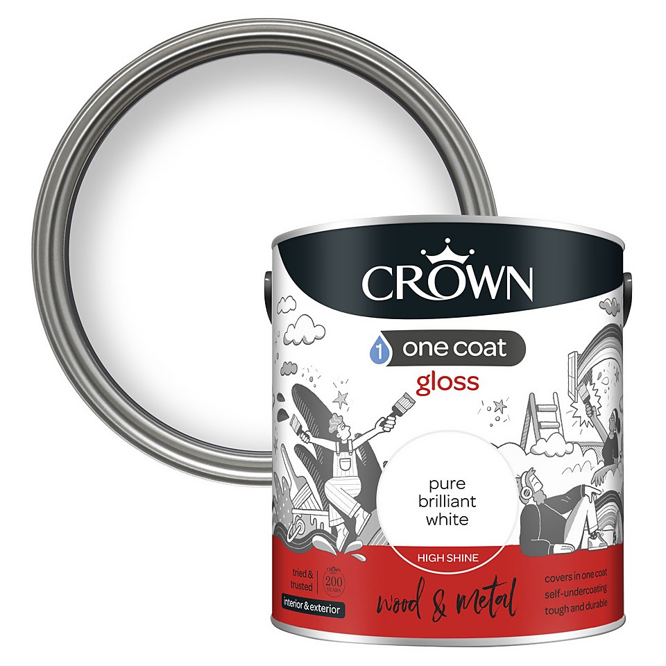 Crown One Coat Gloss Paint Pure Brilliant White 2.5L Homebase