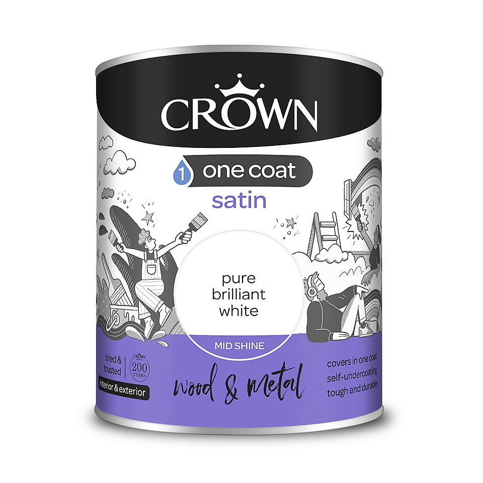 Crown One Coat Satin Paint Pure Brilliant White - 750ml
