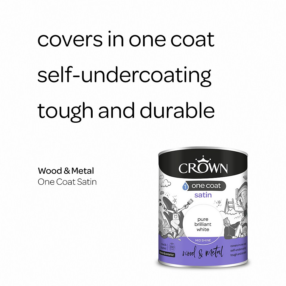 Crown One Coat Satin Paint Pure Brilliant White - 750ml