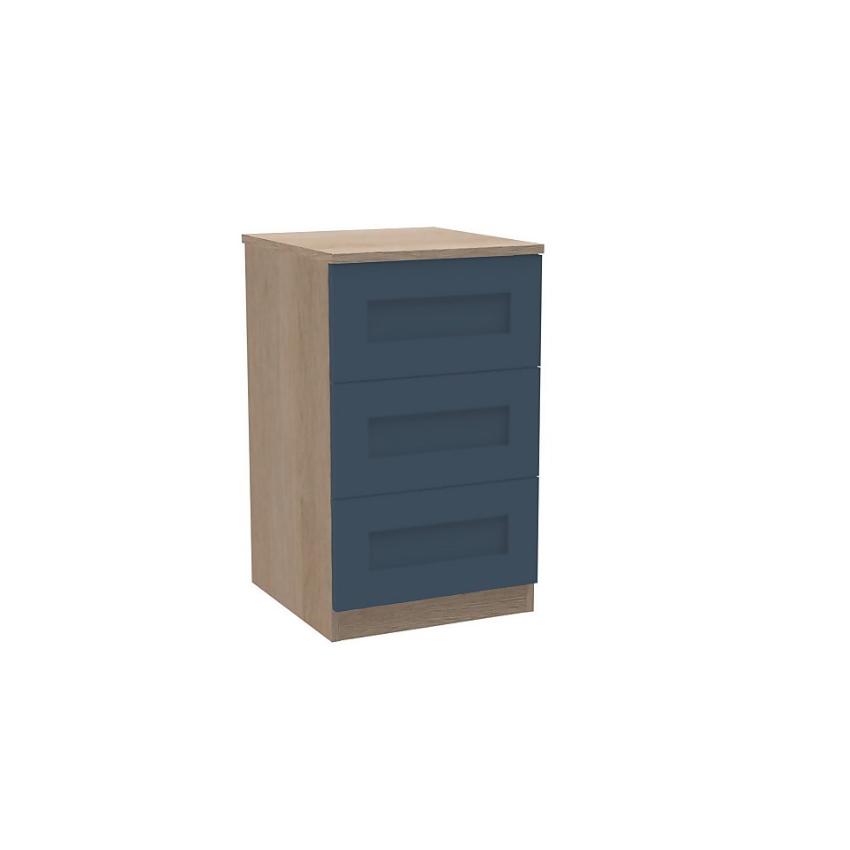 House Beautiful Realm Narrow Chest of Drawers - Oak Effect Carcass, Navy Blue Shaker Drawer Fronts (W) 450mm x (H) 756mm