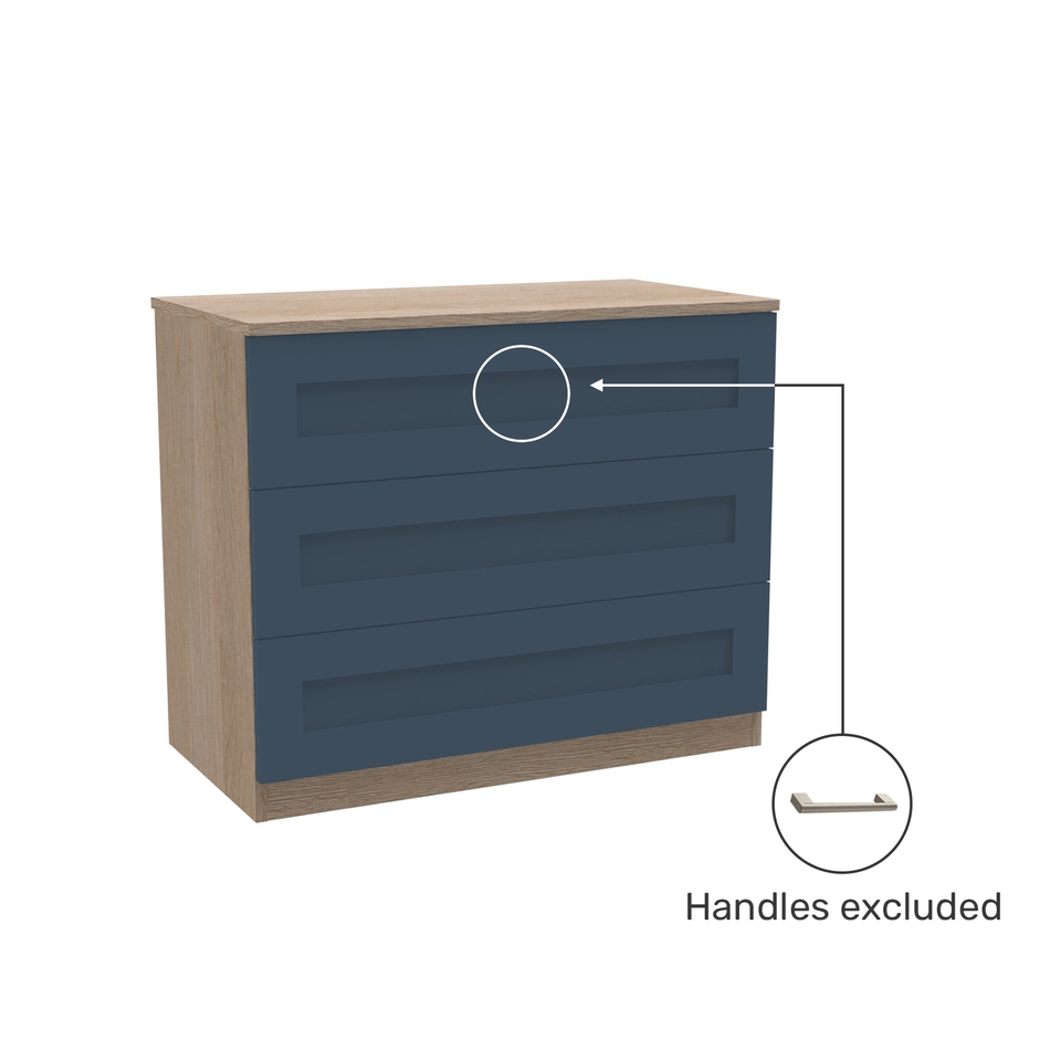 House Beautiful Realm Wide Chest of Drawers - Oak Effect Carcass, Navy Blue Shaker Drawer Fronts (W) 900mm x (H) 756mm