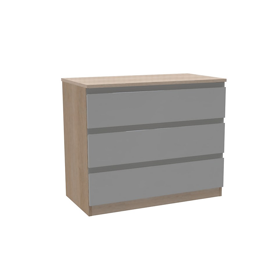 House Beautiful Escape Wide Chest of Drawers - Oak Effect Carcass, Gloss Grey Handleless Drawer Fronts (W) 900mm x (H) 756mm
