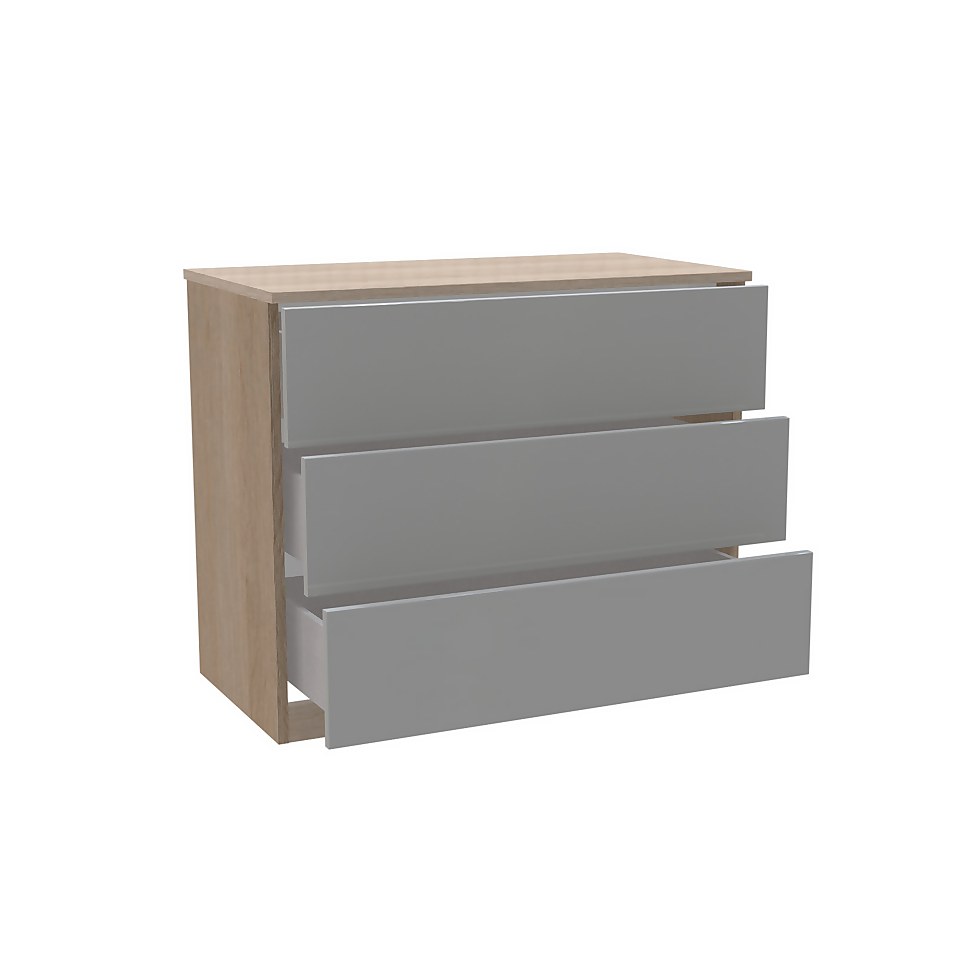 House Beautiful Honest Wide Chest of Drawers - Oak Effect Carcass, Gloss Grey Slab Drawer Fronts  (W) 900mm x (H) 756mm