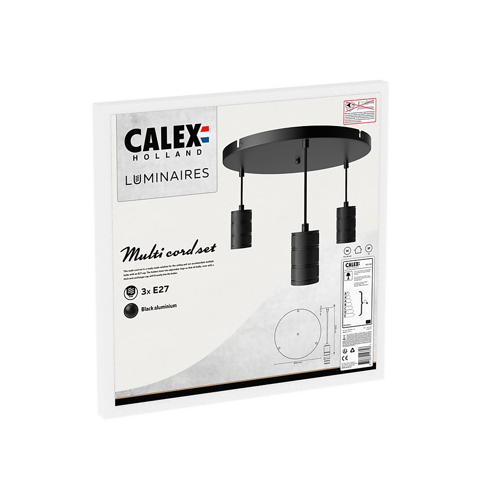 Calex 3 Pendants Ceiling Light E27 2m Adjustable Cords Black