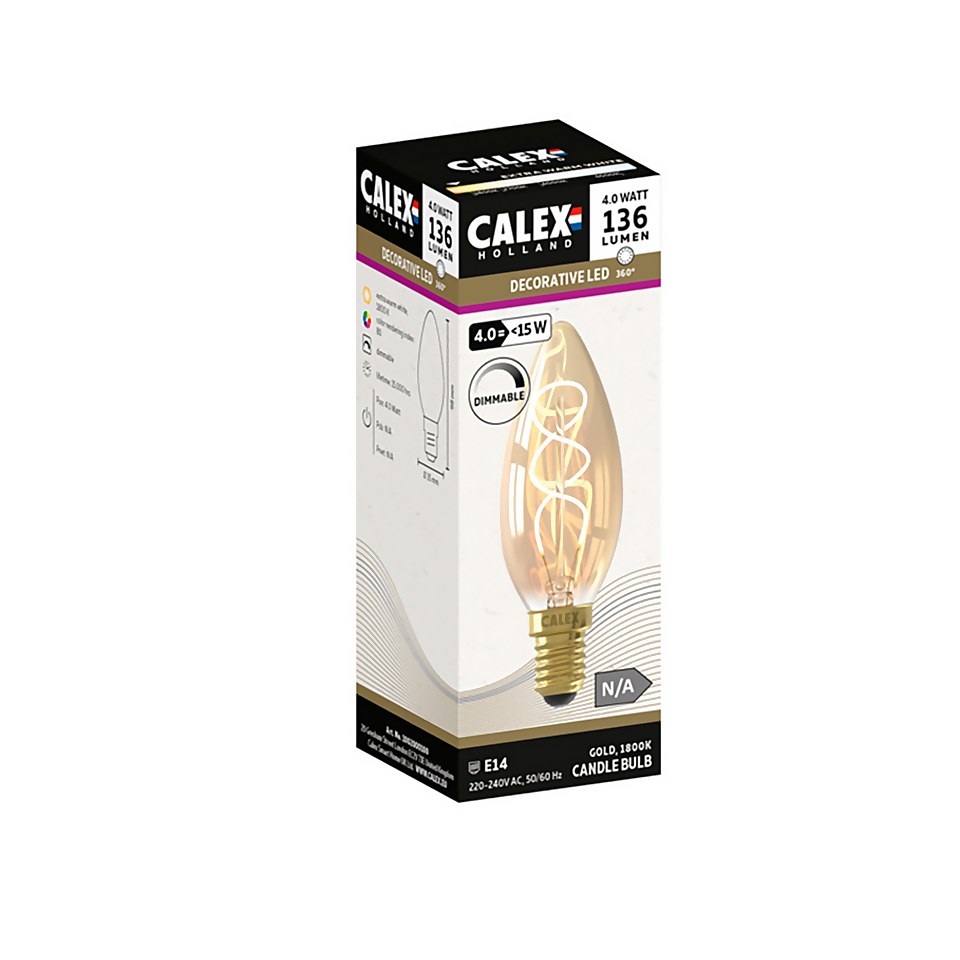 Calex Filament Flex Candle B35 Gold E14 Dimmable 136 Lumen Warm White Decorative Light Bulb