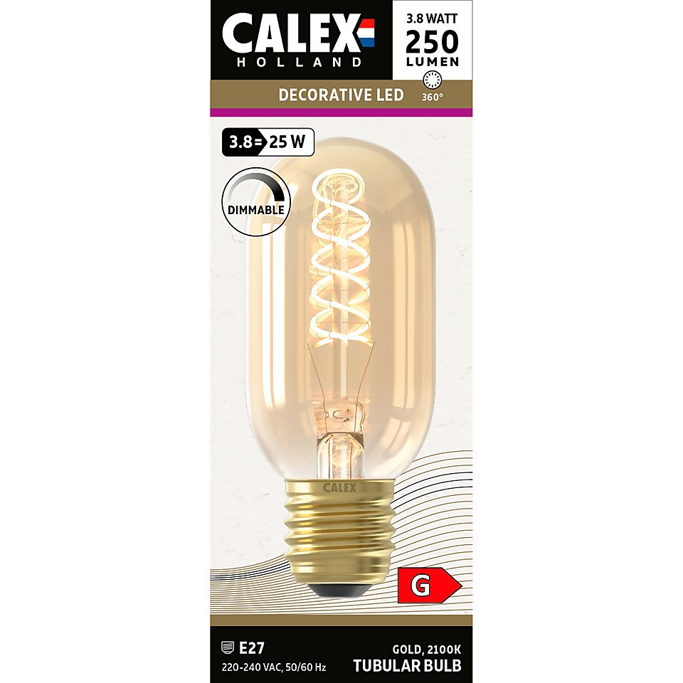 Calex Filament Flex Tubular T45 Gold E27 Dimmable 250 Lumen Warm White Decorative Light Bulb