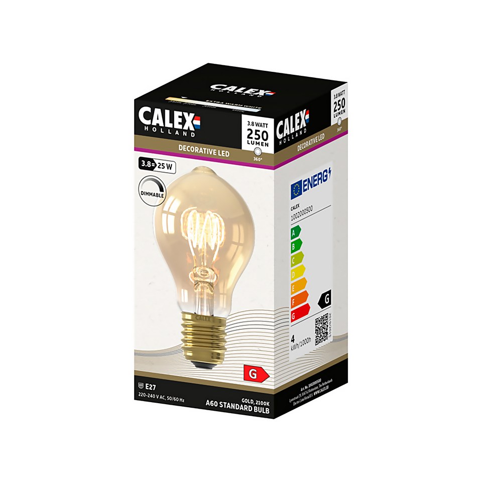 Calex Filament Flex Classic A60 Gold E27 Dimmable 250 Lumen Warm White Decorative Light Bulb