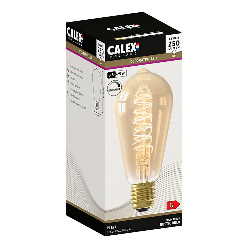 Calex Filament Rustic Spherical Tubular ST64 Gold E27 Dimmable 250 Lumen Warm White Decorative Light Bulb
