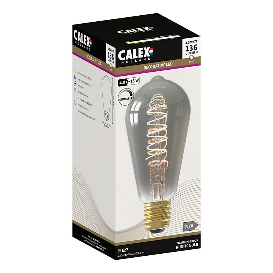 Calex Filament Rustic Spherical Tubular ST64 Titanium E27 Dimmable 136 Lumen  Warm White Decorative Light Bulb