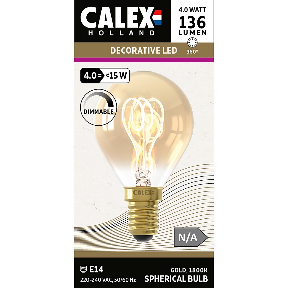 Calex Filament Flex Mini Globe P45 Gold E14 Dimmable 136 Lumen Warm White Decorative Light Bulb