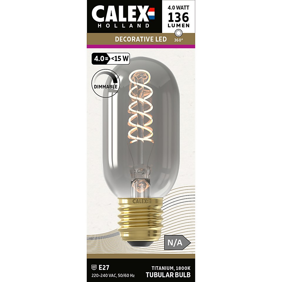 Calex Filament Flex Tubular Titanium E27 Dimmable 136 Lumen Warm White Decorative Light Bulb