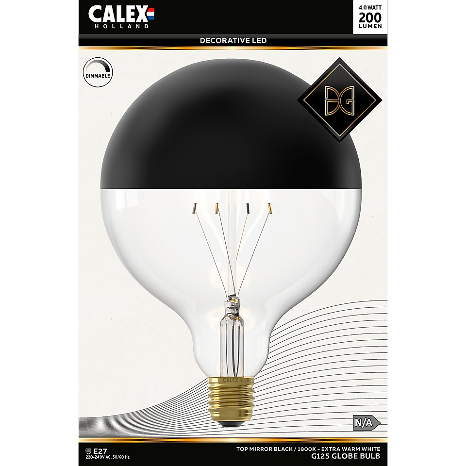 Calex Filament Mirror Top Globe G125 Black E27 Dimmable 200 Lumen Warm White Decorative Light Bulb