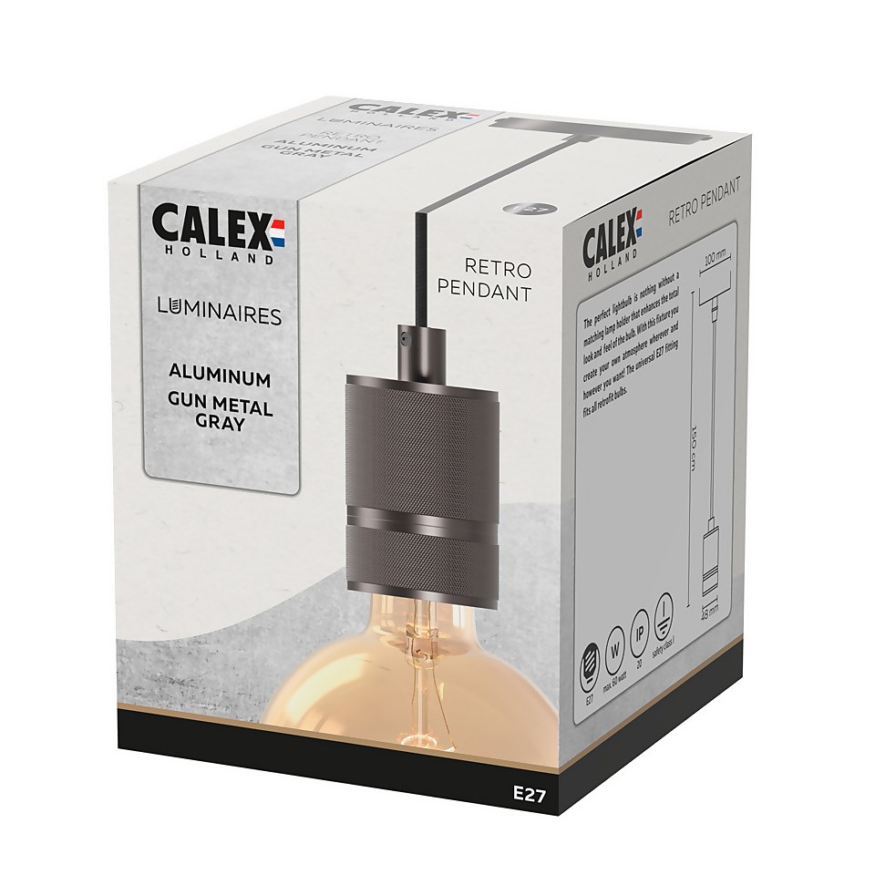 Calex Retro Pendant E27 1.5m Adjustable Cords Light Fitting Aluminium Gun Metal