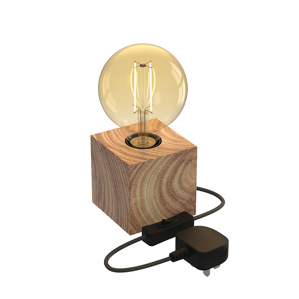 Calex E27 Table Lamp Cube With 1.8m Cord - FSC Wood