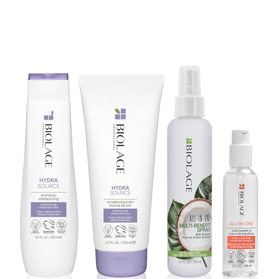 Biolage Hydrasource Hydrating Shampoo, Conditioner, All-in-One Hair Oil and Leave-in Spray Routine For Dry Hair