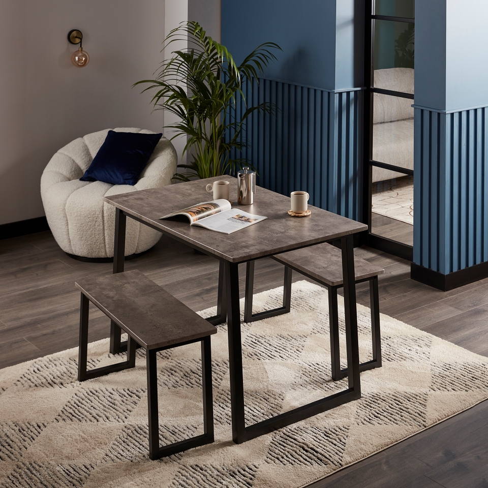 Drew Concrete Effect Dining Table and 2 Benches Homebase