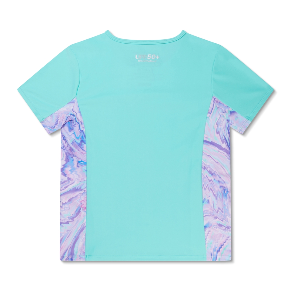 Girl's Short Sleeve Printed Splice Rashguard Blue