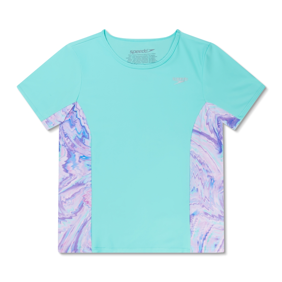 Girl's Short Sleeve Printed Splice Rashguard Blue