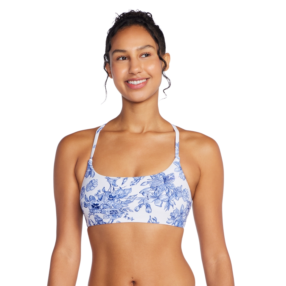 Haut de bikini croisé double à motif imprimé pour femmes, bleu
