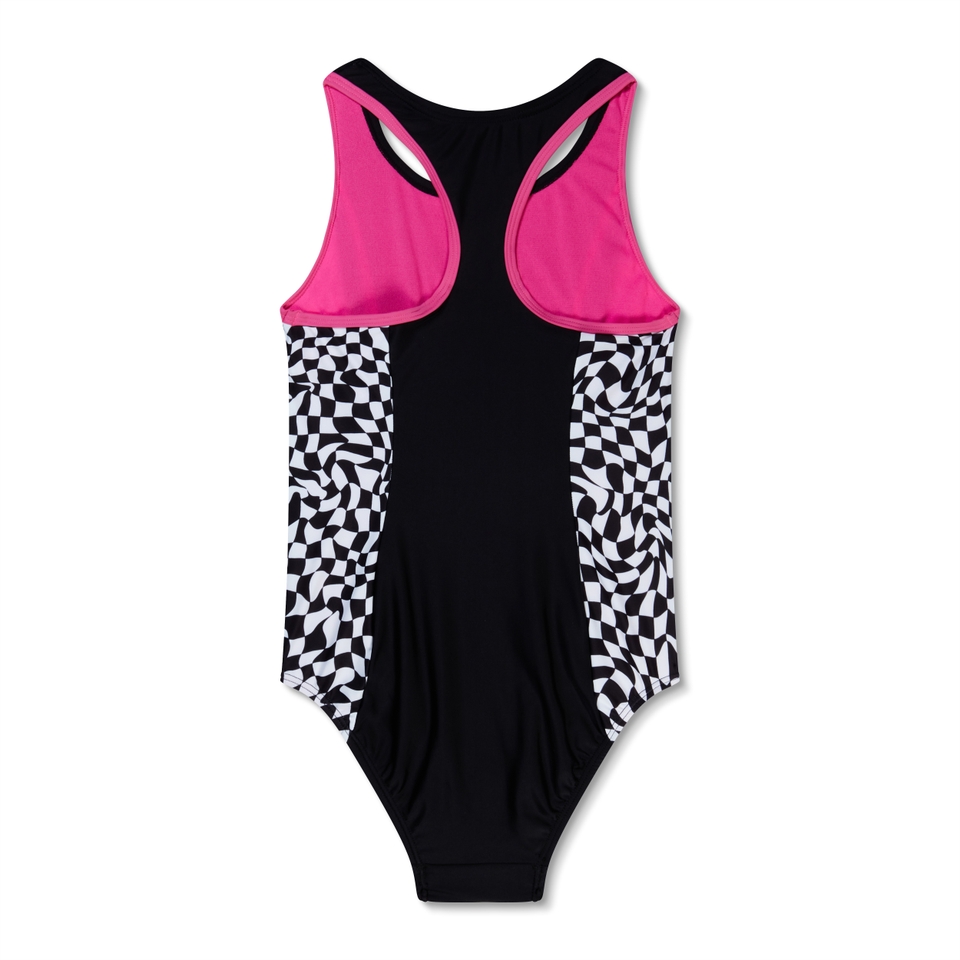 Girls Print Spliced Racerback One Piece Black