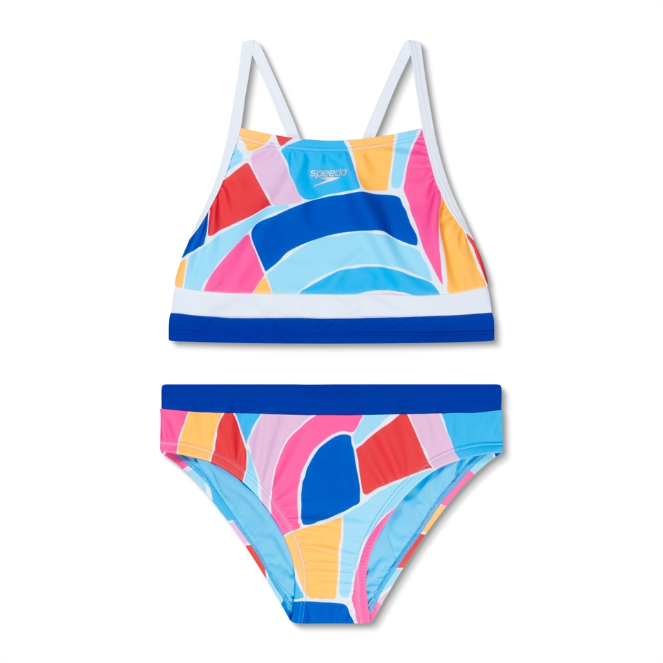 Girls Print Blocked Bikini Set Blue